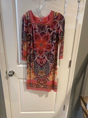 Dress Barn Pink and Orange Paisley Square-Neck Long Sleeve Dress